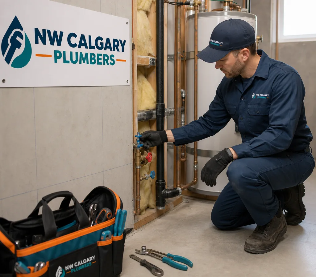 Licensed plumber inspecting exposed water lines and a shutoff valve in a clean Calgary residential utility room