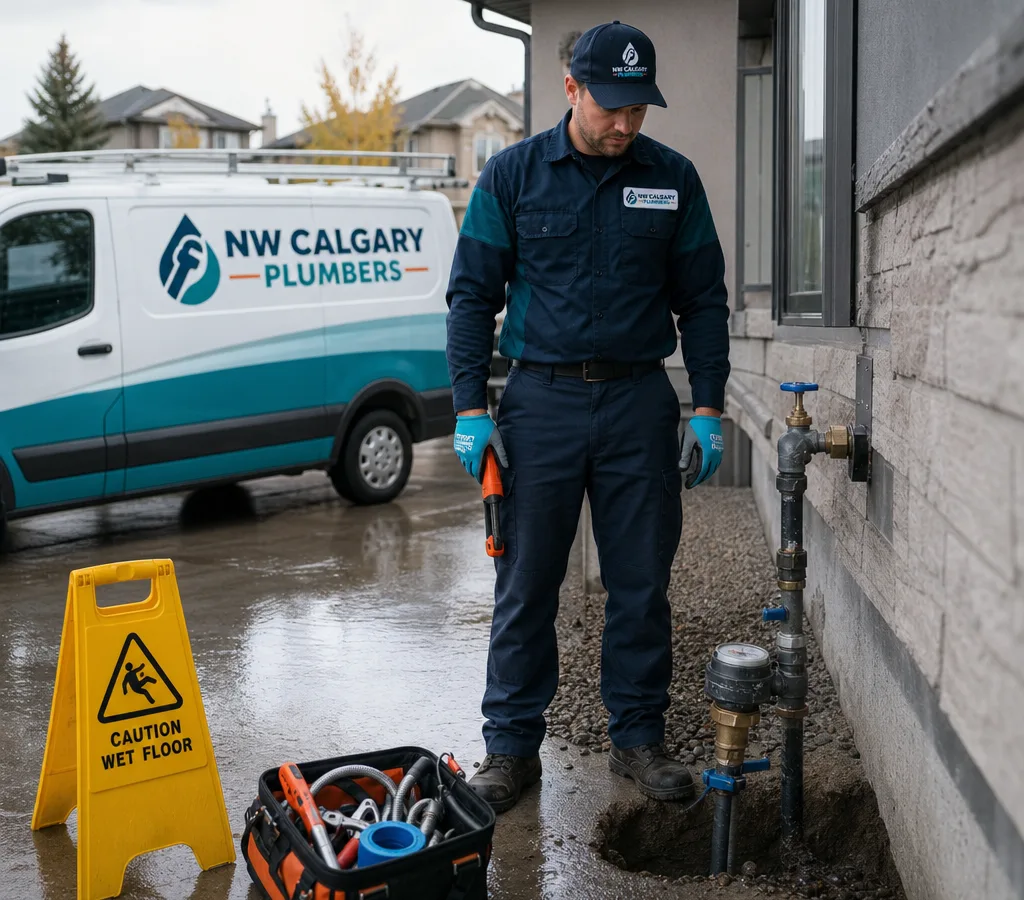 Uniformed emergency plumber near a Calgary home's main water shutoff and water meter with emergency tools and a wet floor sign