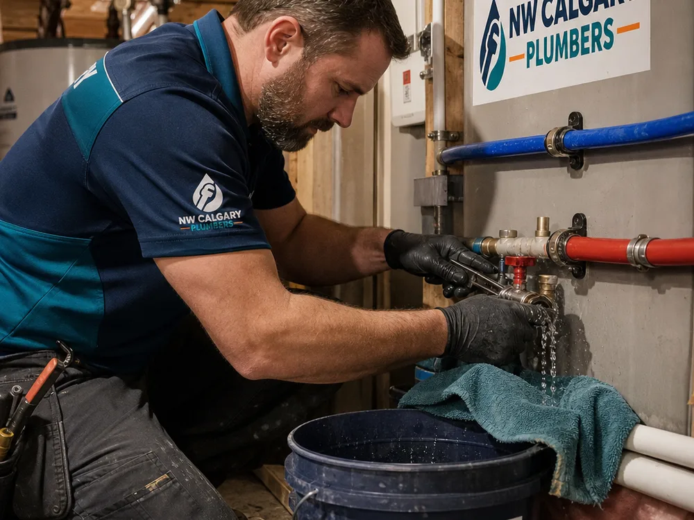 Emergency plumber repairing a burst PEX line in a Calgary basement mechanical room with active containment in place