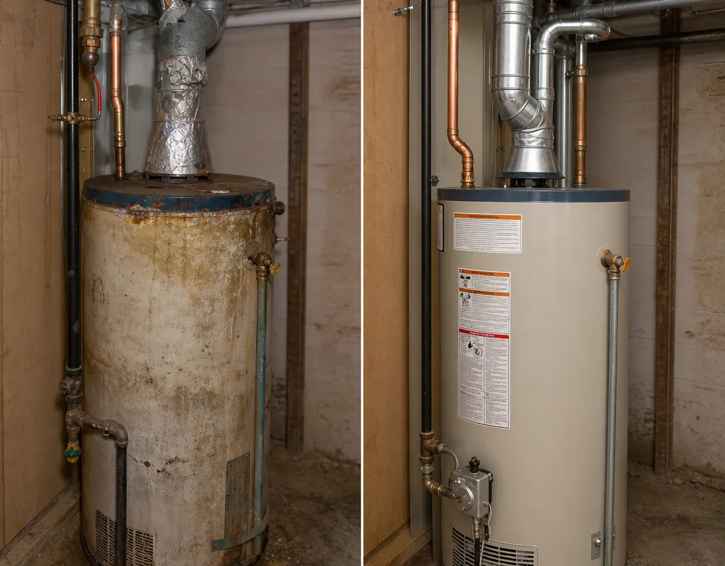 Older corroded water tank with improvised venting compared with a new unit featuring corrected venting and tidy connections