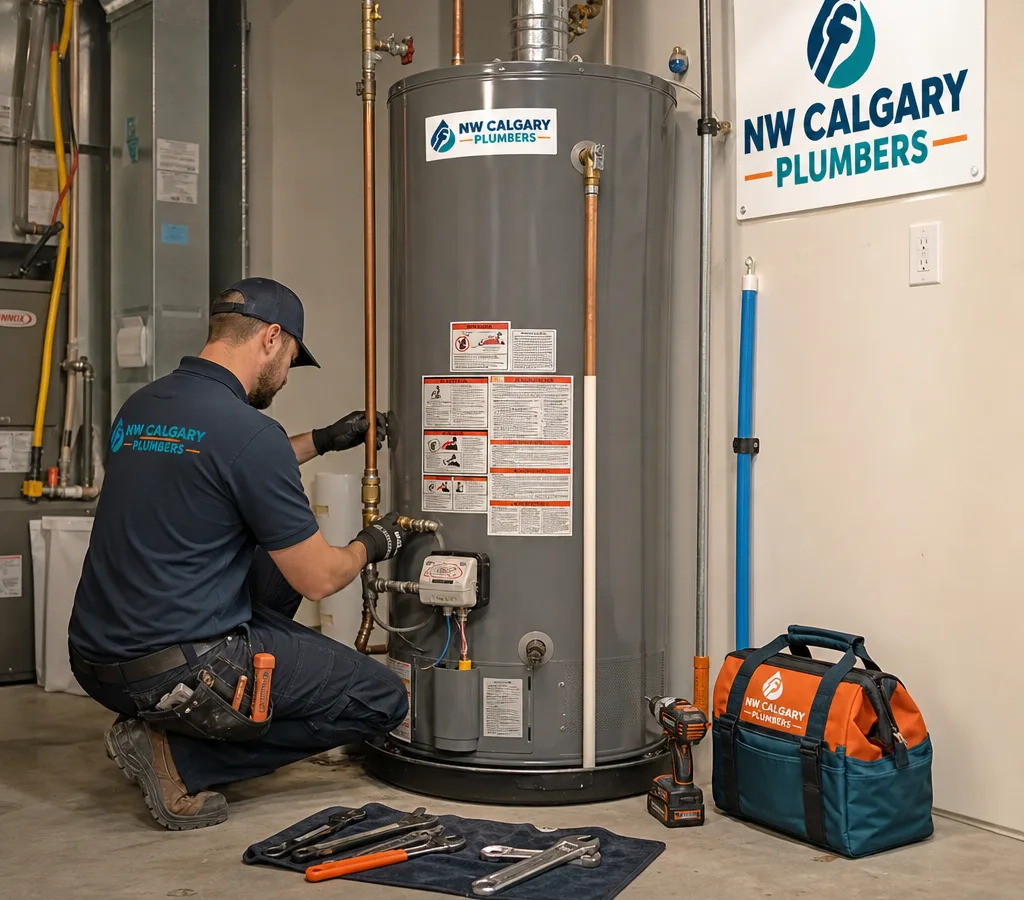 Licensed technician installing a new gas hot water tank in a Calgary utility room with a drip pan, visible venting, and neatly staged tools