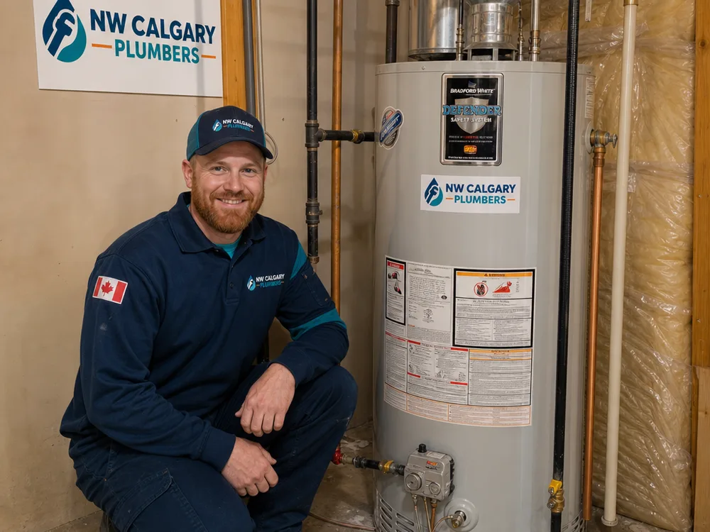 Newly installed gas hot water tank with straight supported piping, visible shutoffs, and a clean vent connection in a Calgary basement mechanical room