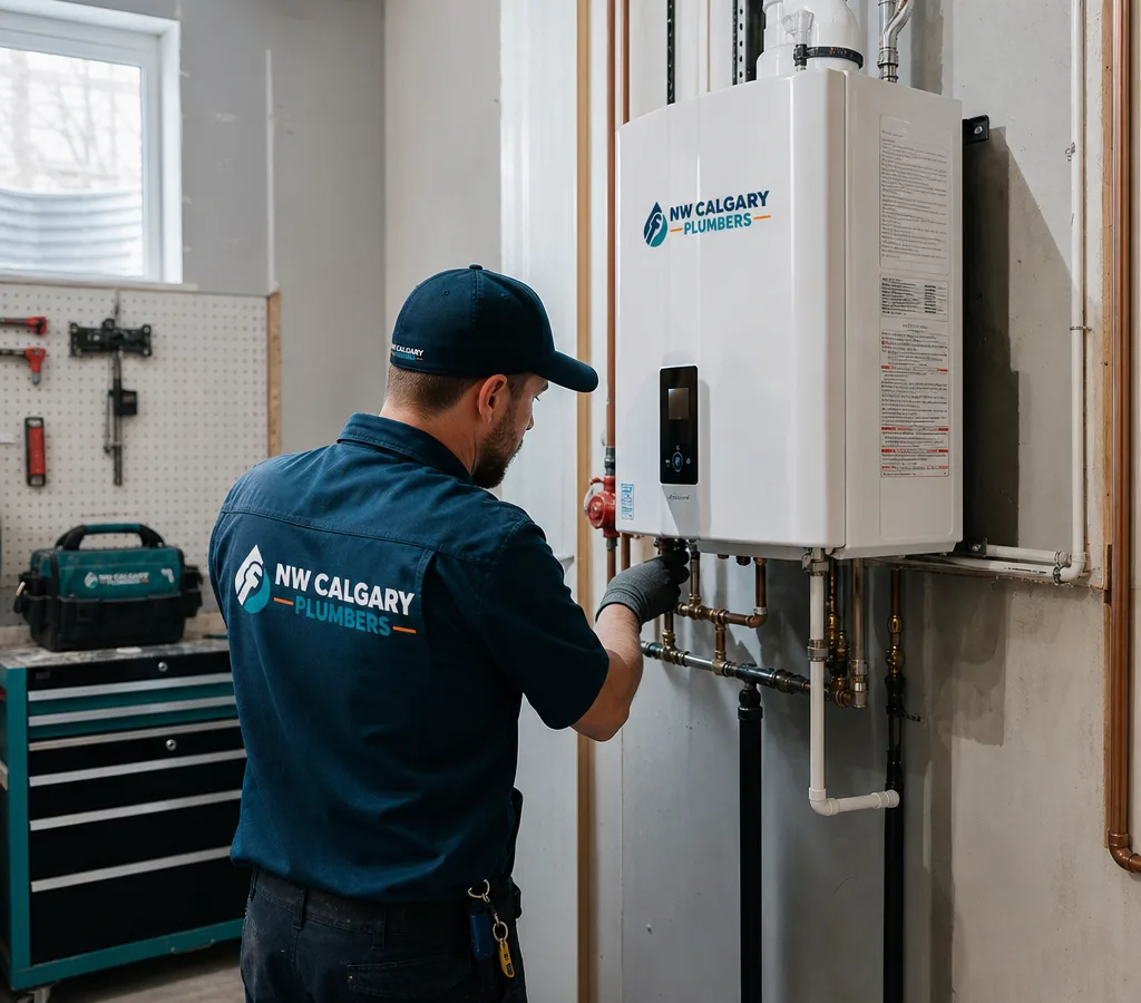 Technician installing a wall-mounted tankless water heater with tidy gas piping, venting, and condensate routing in a Calgary utility room