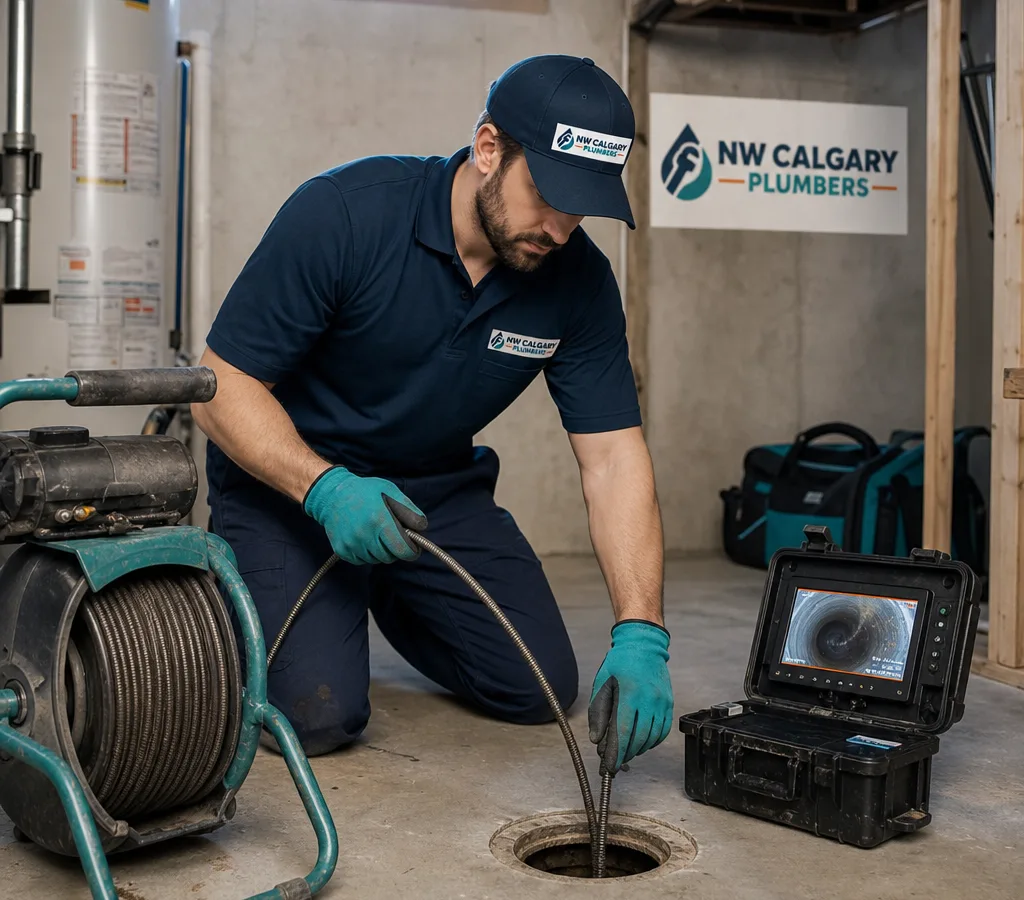 Technician accessing a basement floor drain cleanout in a Calgary home with a drain snake and inspection camera nearby