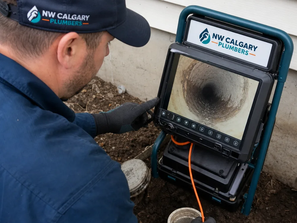 Drain inspection camera monitor showing the inside of a residential pipe while a technician feeds the camera through a cleanout