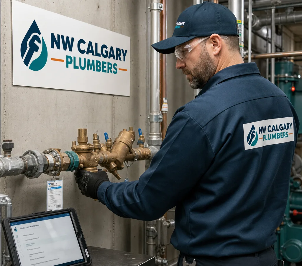 Licensed commercial plumber inspecting piping, valves, and a backflow assembly in a Calgary mechanical room