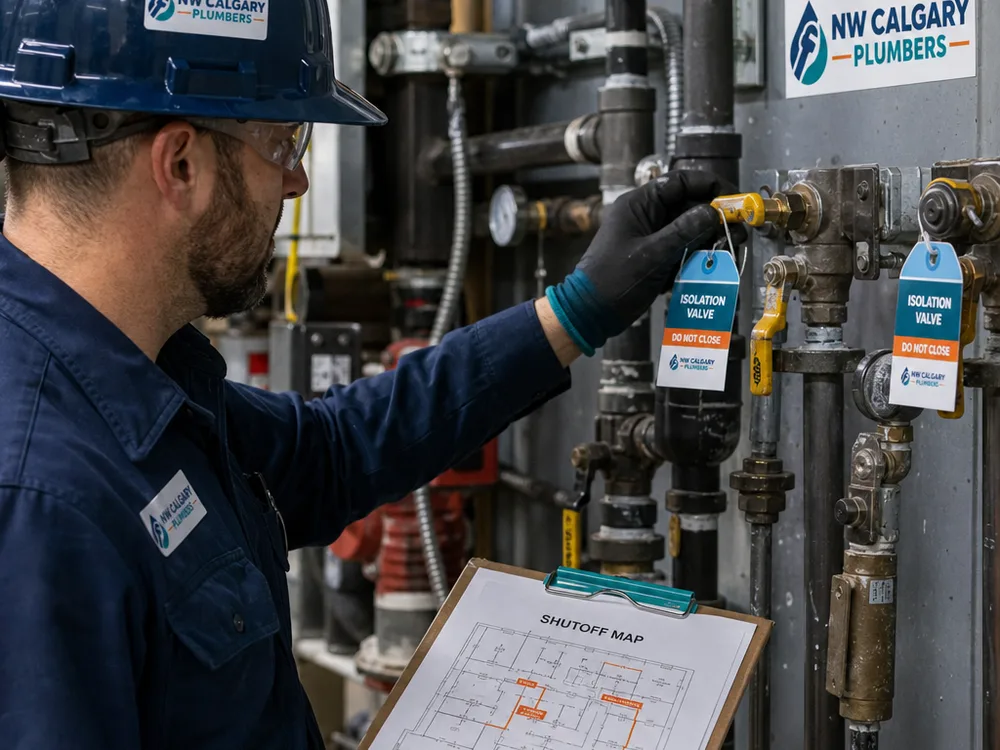 Commercial plumber tagging and testing isolation valves with a shutoff map in a Calgary multi-tenant building