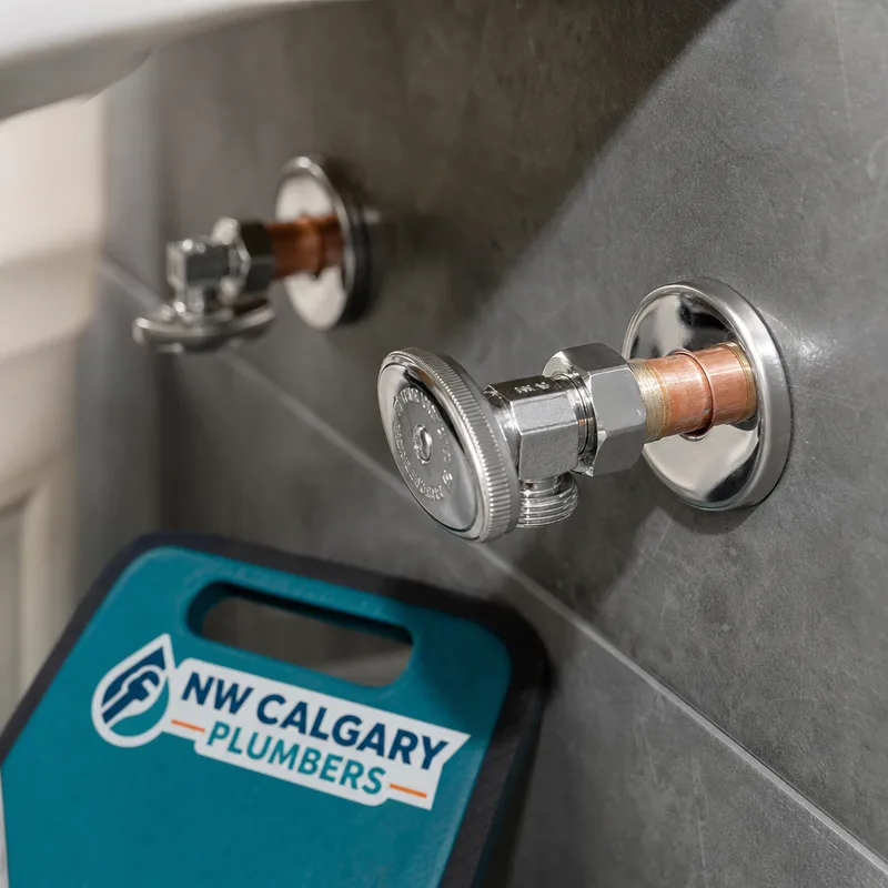 New bathroom vanity shutoff valves with clean escutcheons and straight supply stub-outs