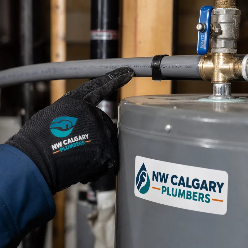Grey poly-b tubing and fittings near a water heater being inspected by a plumber
