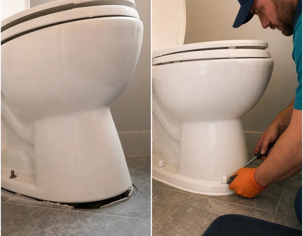 Before and after view of a rocking toilet reset and levelled with discreet shims