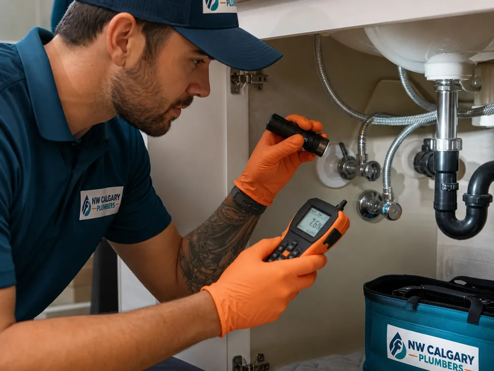 Plumber inspecting bathroom sink angle stops, braided supply lines, and P-trap with an inspection light