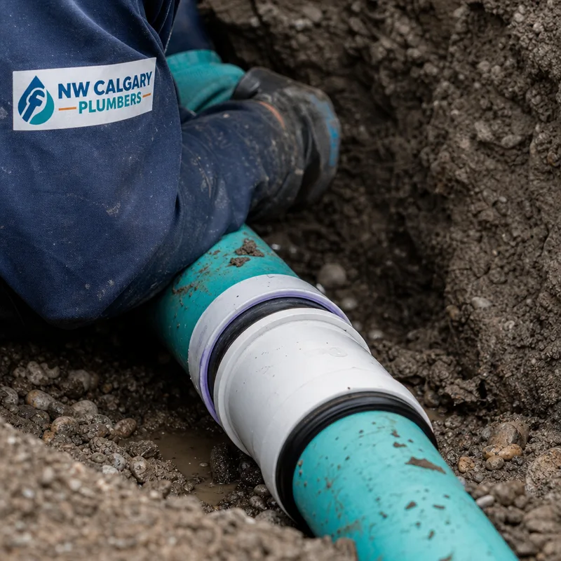 New sewer pipe section and sealed coupling in an exposed repair area before backfill