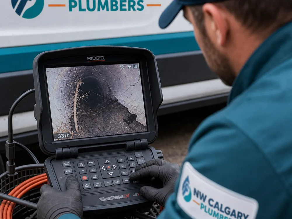 Sewer camera monitor showing a damaged pipe while a technician operates the controls