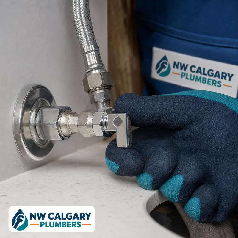Newly installed quarter-turn shutoff valve and braided supply line with clean compression connections