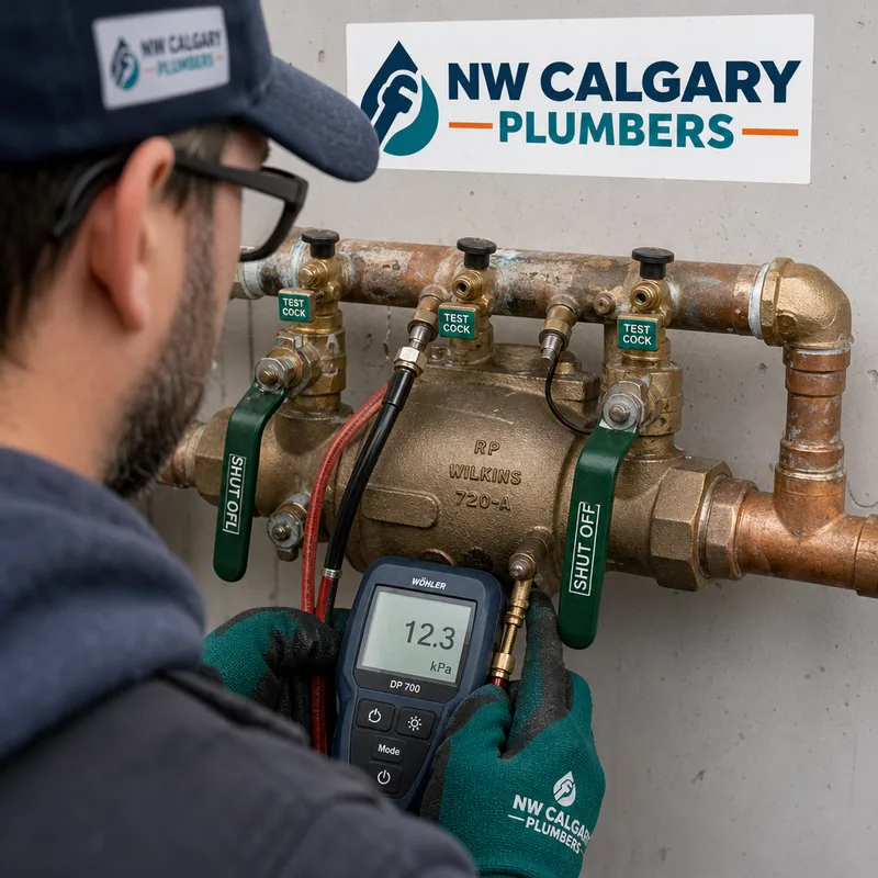 Backflow preventer assembly with labeled test cocks and differential pressure gauge connected during testing