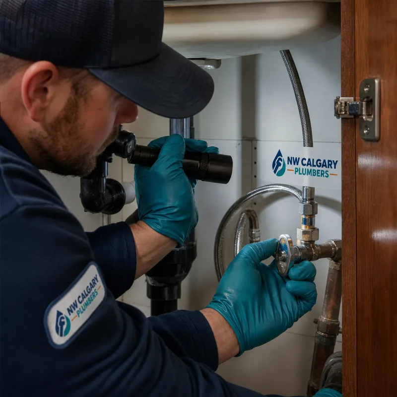 Plumber carefully inspecting a bathroom vanity shutoff valve and supply line with a flashlight
