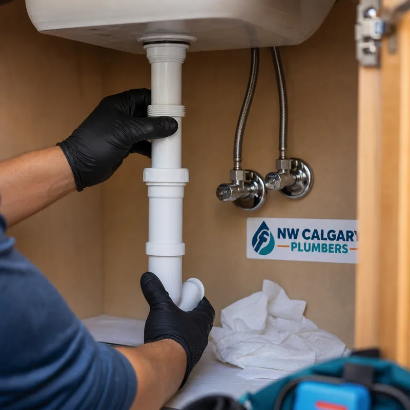 Neatly installed under-sink P-trap, aligned tailpiece and secured shutoff valves being checked for leaks