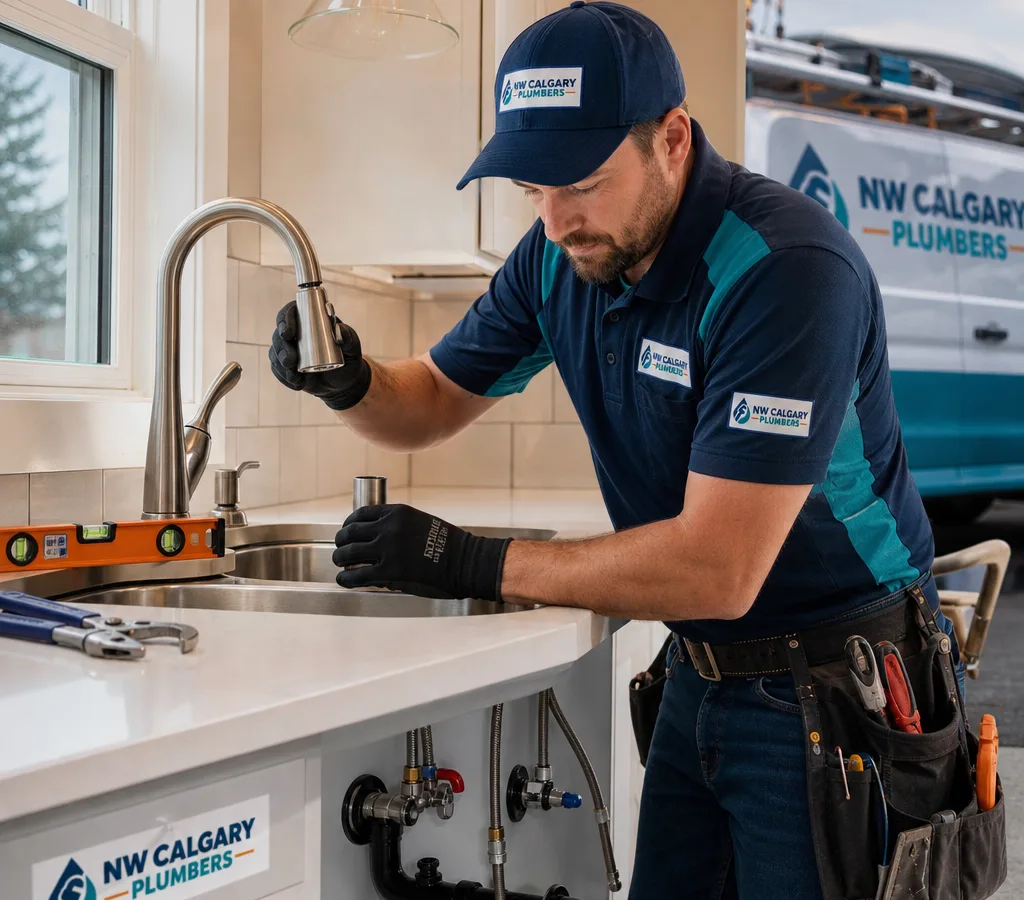 Licensed plumber installing a new kitchen sink and faucet in a clean Calgary home work area