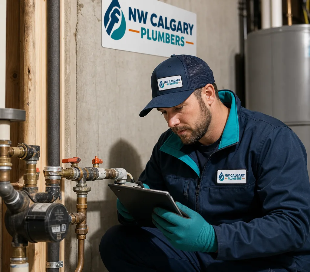 Licensed plumber inspecting visible water lines and shutoff valves near a water meter in a Calgary home