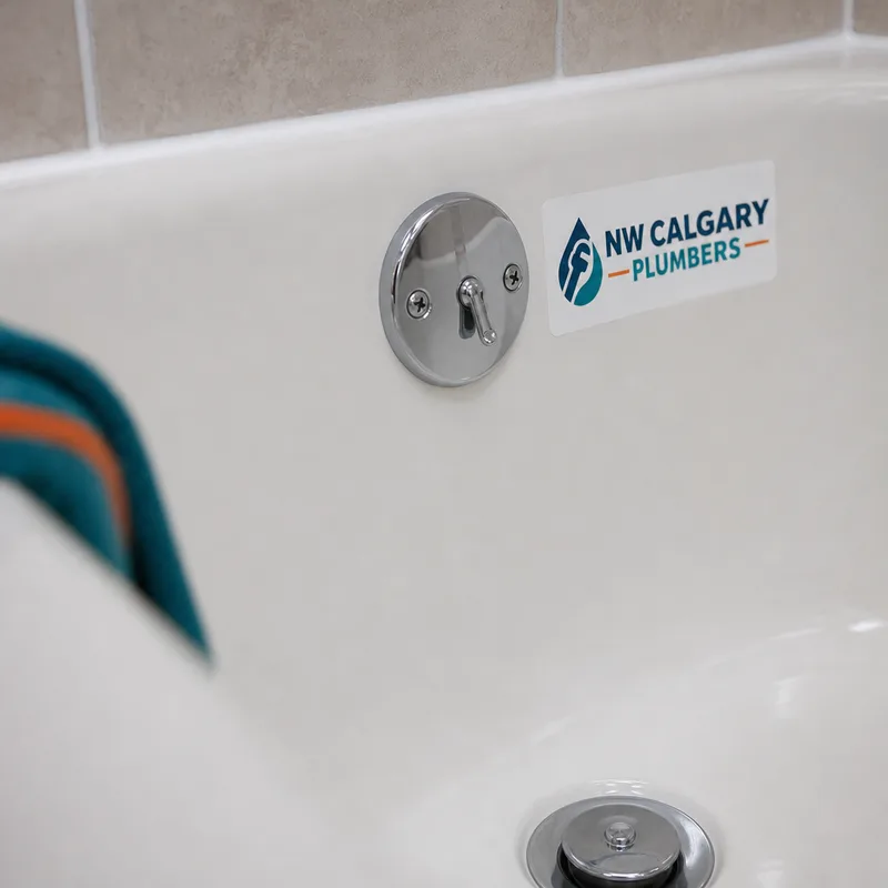 Close-up of a reglazed bathtub drain and overflow with clean edges, even coating, and a neat caulk line