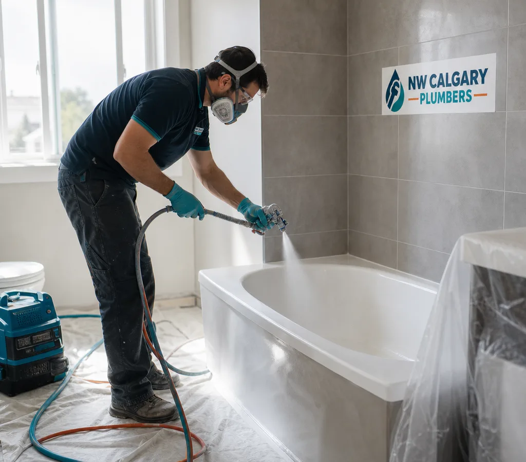 Technician in protective equipment masking and spraying a bathtub with refinishing coating in a Calgary bathroom
