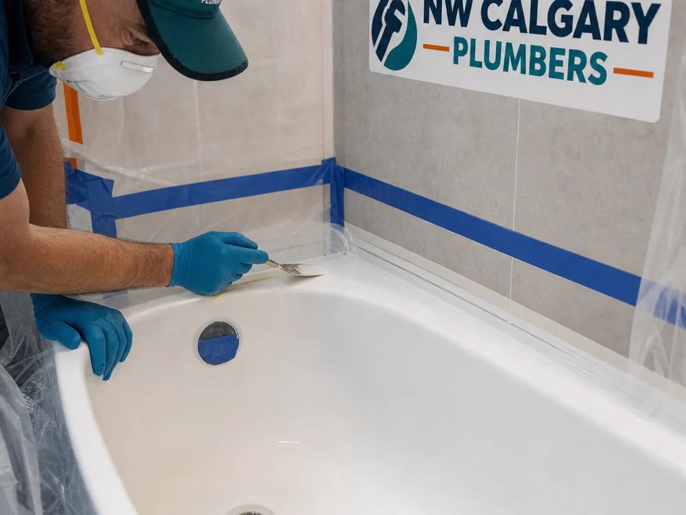 Masked bathtub edge with careful tile preparation and a smooth newly coated surface near the drain and overflow