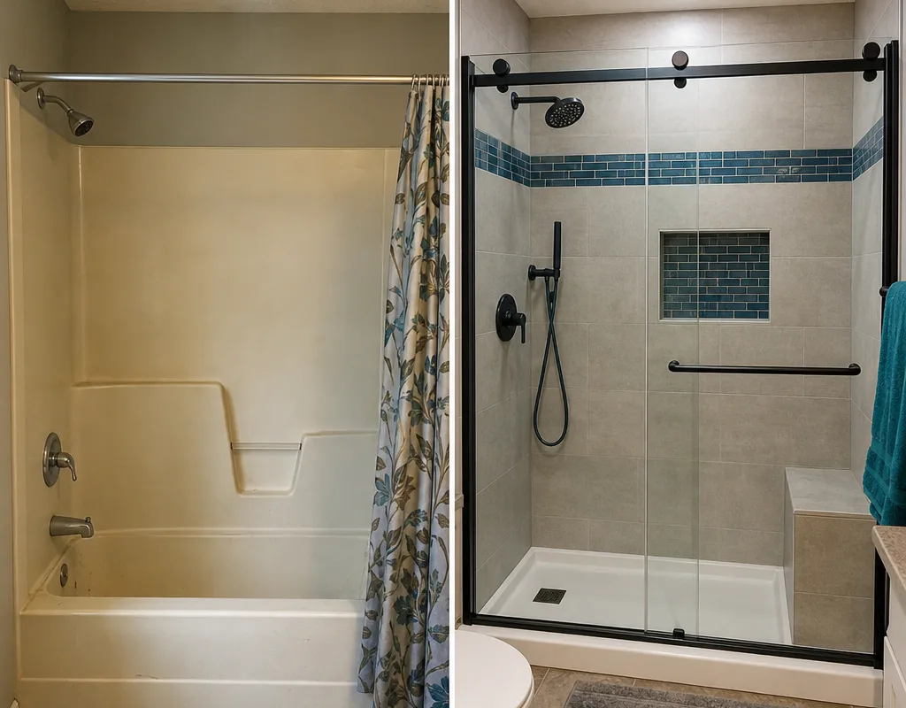 Before and after of a Calgary tub alcove converted into a tiled shower with updated plumbing and a glass door