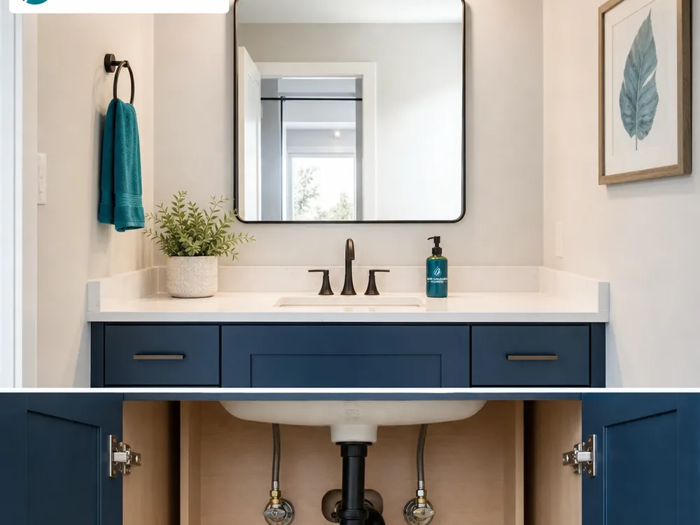 Finished bathroom vanity wall with centered faucet, aligned mirror and lighting, and serviceable plumbing inside the cabinet