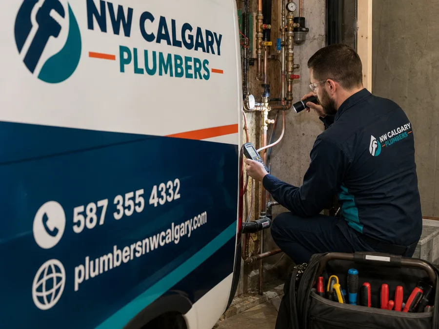 Technician setting up trenchless sewer equipment at a residential property
