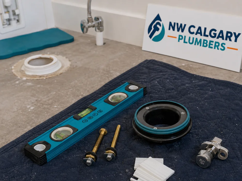 Toilet replacement tools and parts arranged on protective floor covering beside the work area